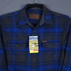Orvis Big Bear Heavyweight Flannel Mens Small Navy Blue Rio Plaid Double Brushed